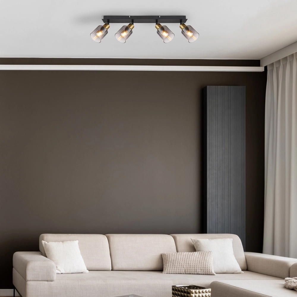 Lampe de plafond à 4 lumières Hollsy noir avec verre fumé Globo 9007371451852