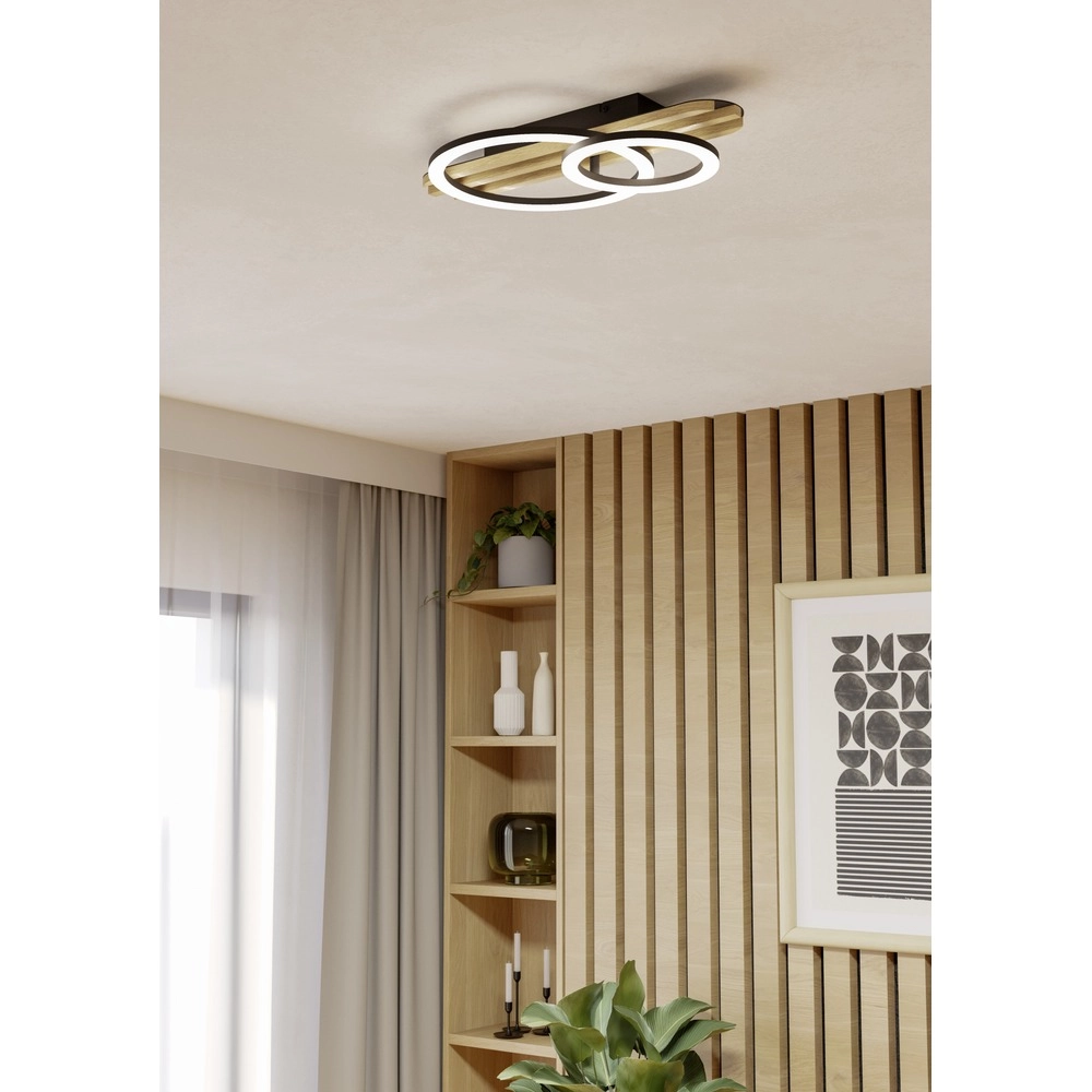 Lampe de plafond moderne Cembrano noir avec bois 50 cm Eglo 9008606388165