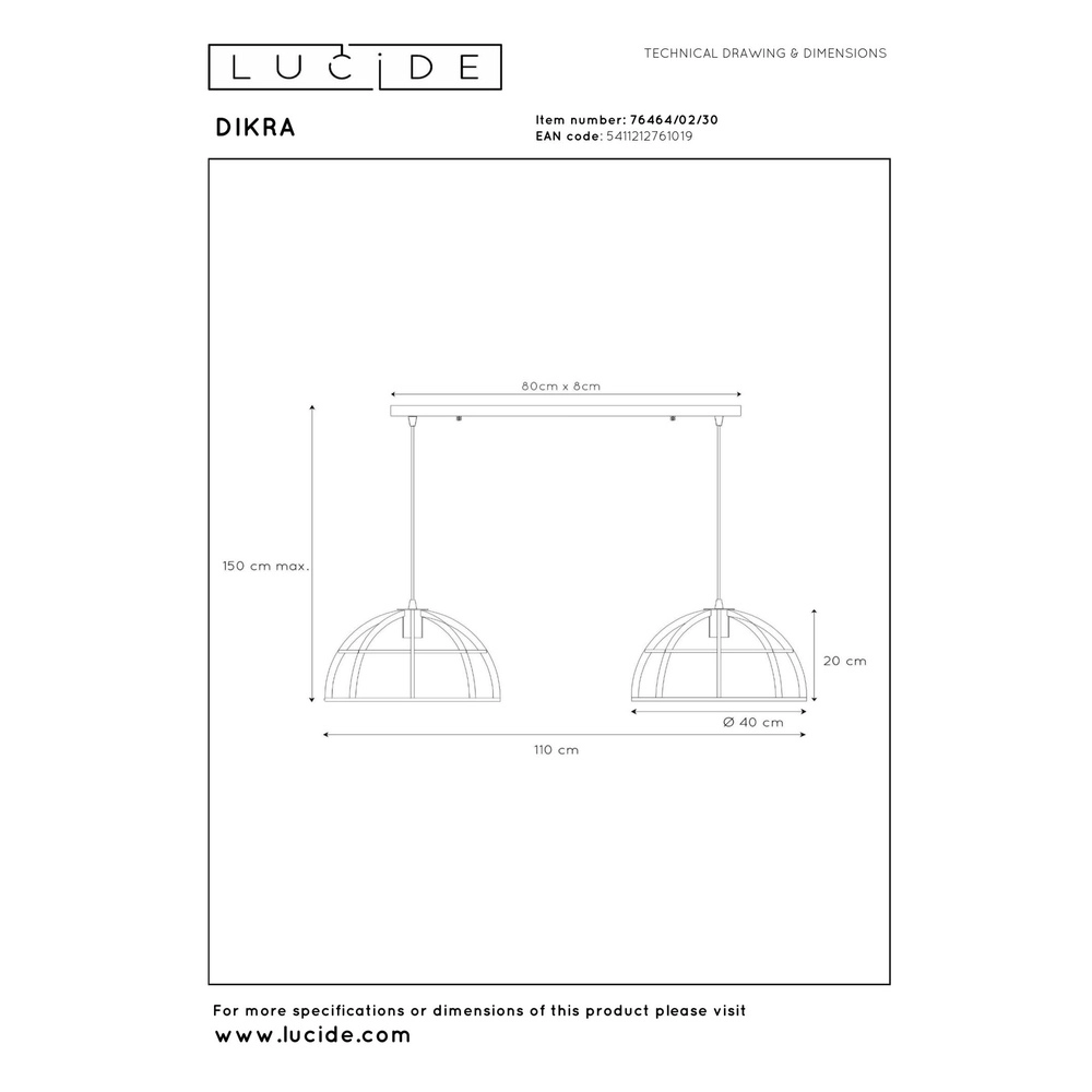 Lampe suspendue à deux lampes Dikra Industrial Black Lucide 5411212761019