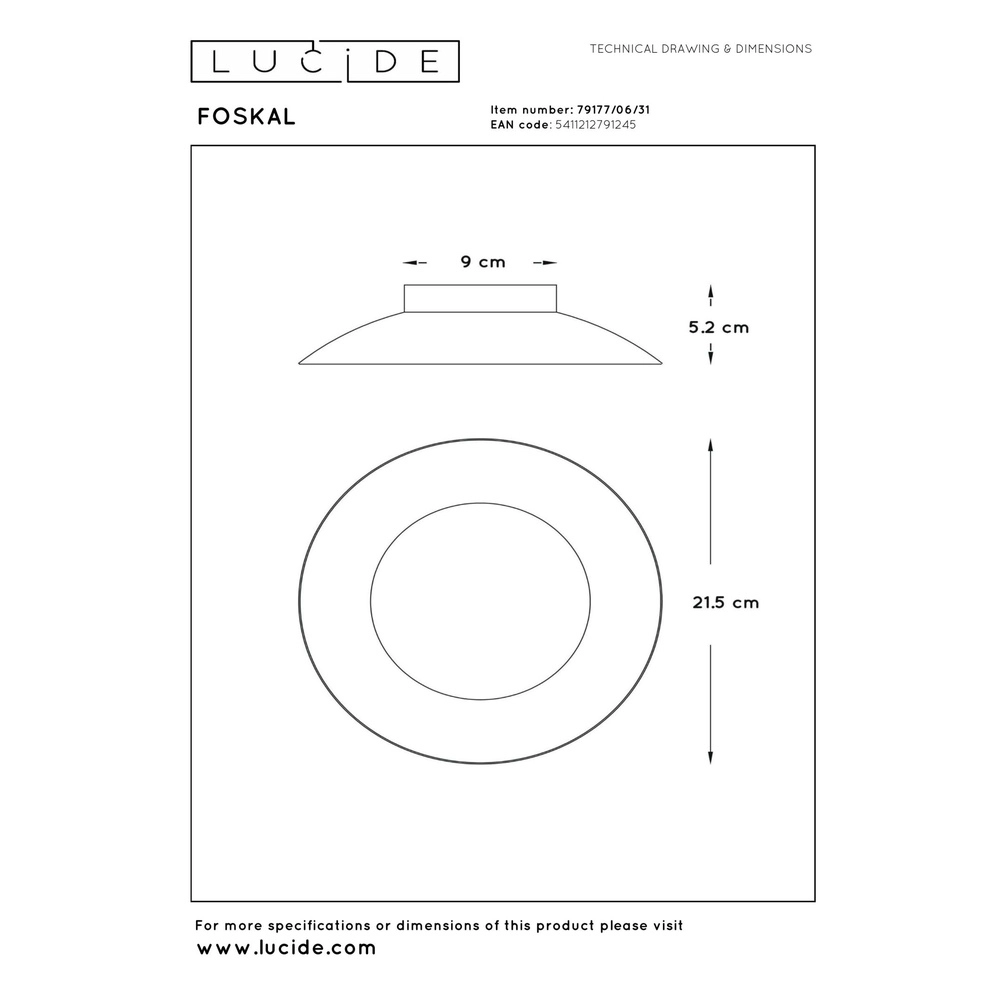Lampe de plafond Foskal Ø 21,5 cm de blanc Lucide 5411212791245