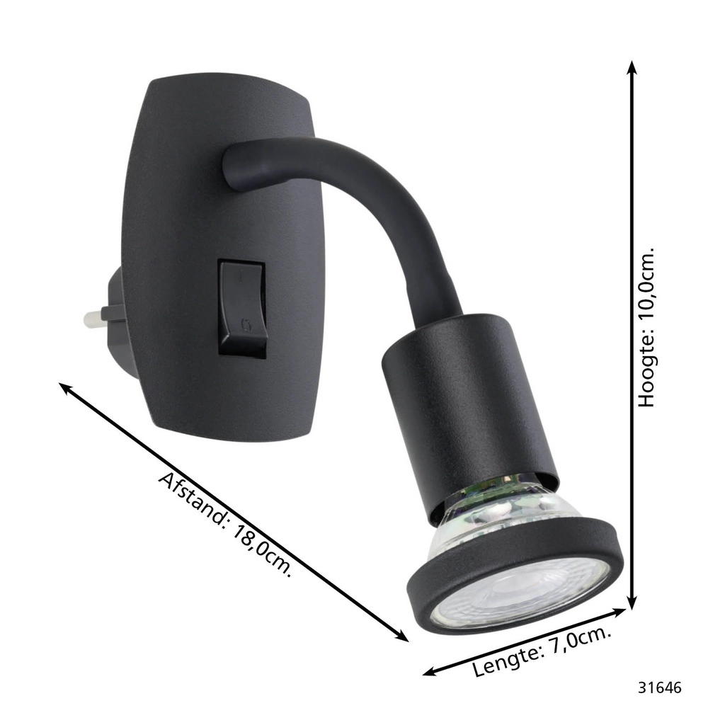 Lampe murale à prise Parrini Interrupteur - Flexible - Noir