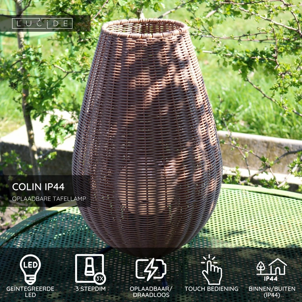 Lampe de table rechargeable Colin Ip44 Rotin Lucide 5411212031853