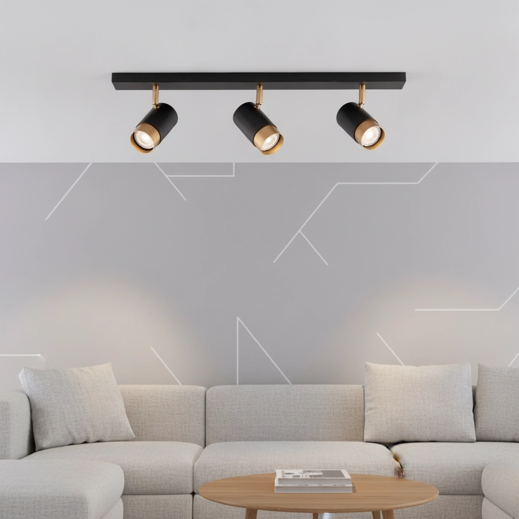 Spot de plafond Pogno Noir 3 lumières avec droit doré