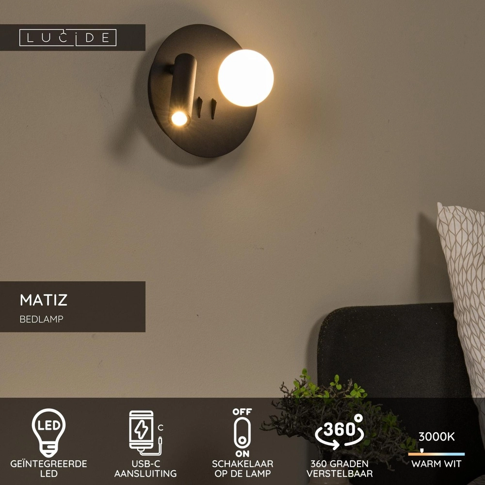 Lampe de chevet conçue Matiz noir avec un point de charge USB Lucide 5411212771322