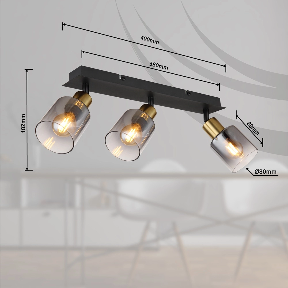 Lampe de plafond à 3 lumières Hollsy noir avec verre fumé Globo 9007371448852