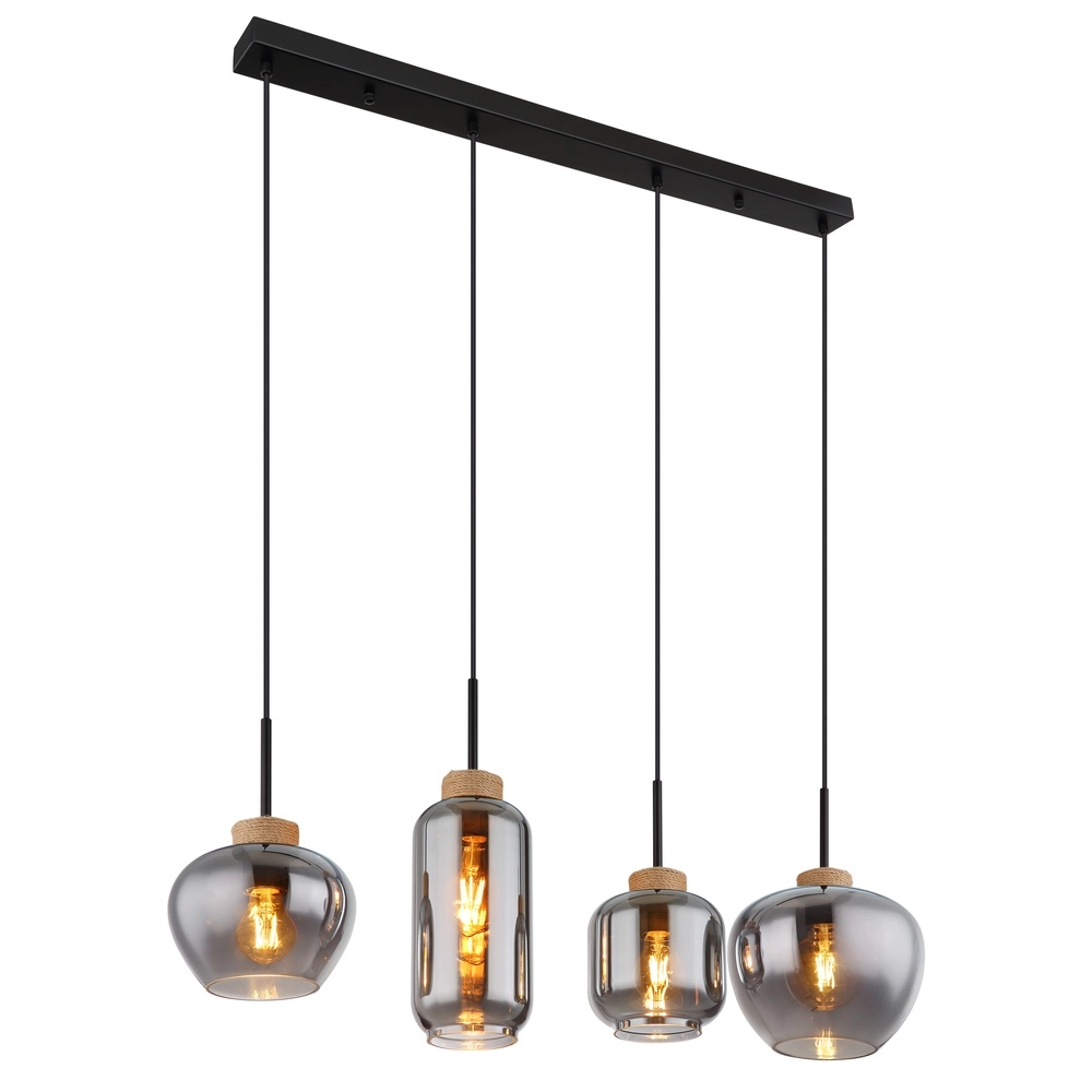 Lampe pendante de conception Matt Noir 4 clairs avec verre fumé