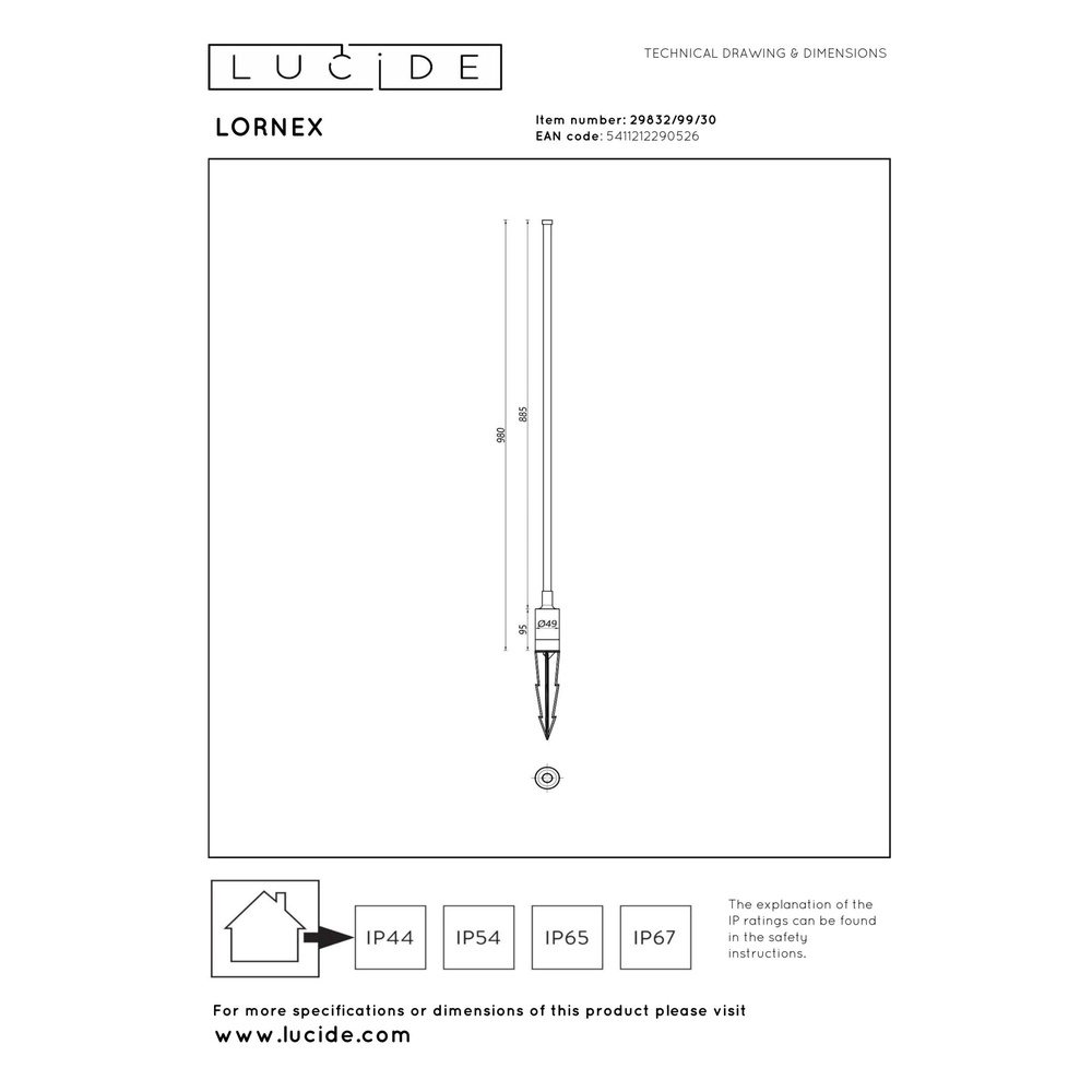 Lampe de jardin élégante Lornex IP54 noir 98cm Lucide 5411212290526