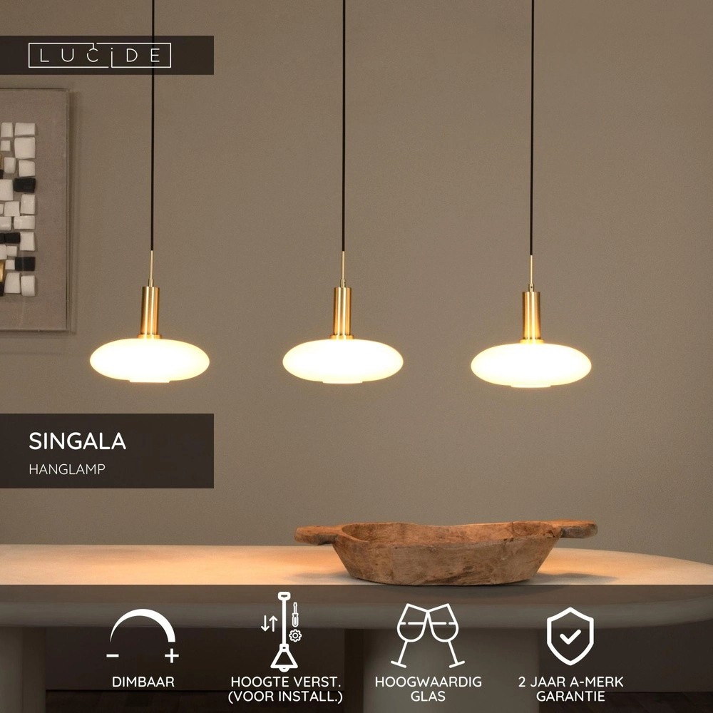 Lampe pendante de conception Singala Or droit à trois lumières avec blanc Lucide 5411212251091