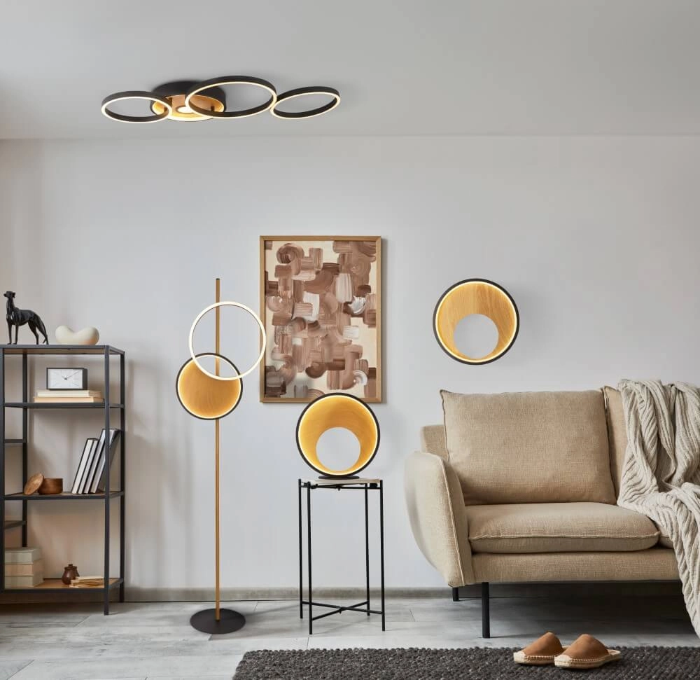 Lampadaire design Curio noir avec du bois Searchlight 5053423245232