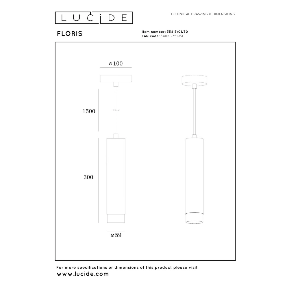 Lampe pendante de conception Floris noir Ø 5,9cm Lucide 5411212351951