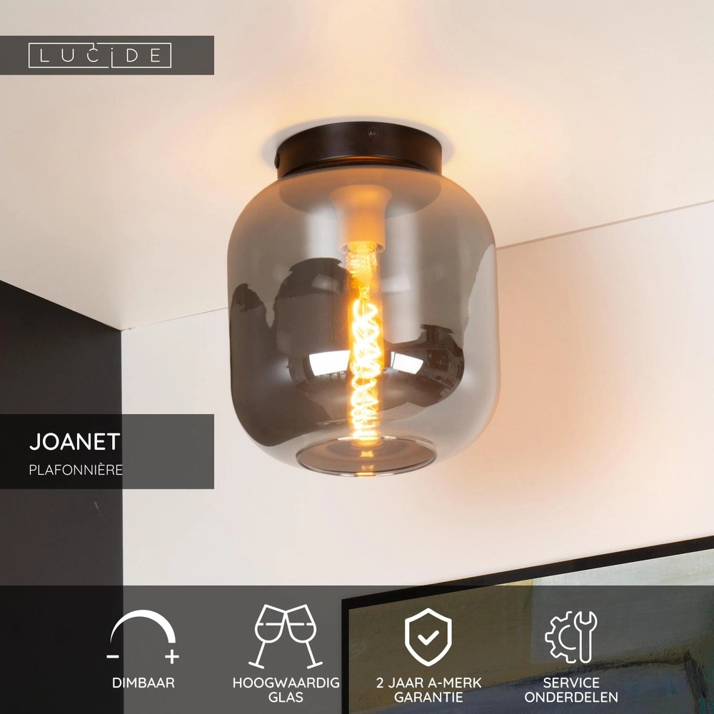 Lampe de plafond Joanet Ø 25 cm noir avec verre fumé Lucide 5411212452153