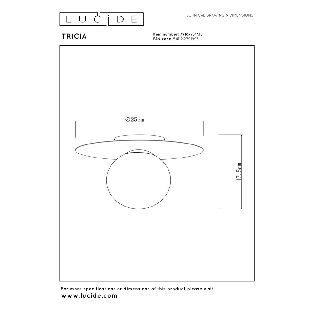 Lampe de plafond Tricia Noir avec sphère blanche Lucide 5411212791993