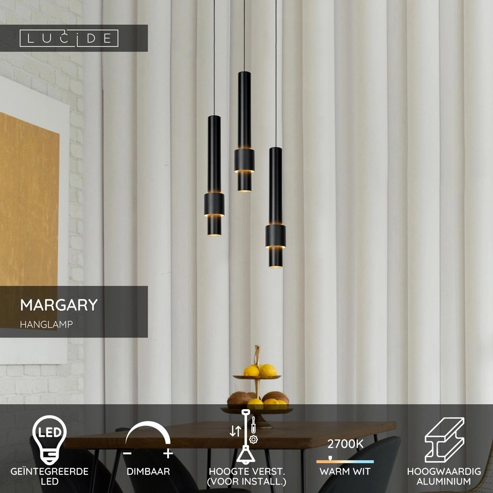 Lampe suspendue élégante Margary Noir à 3 lumières Lucide 5411212241894