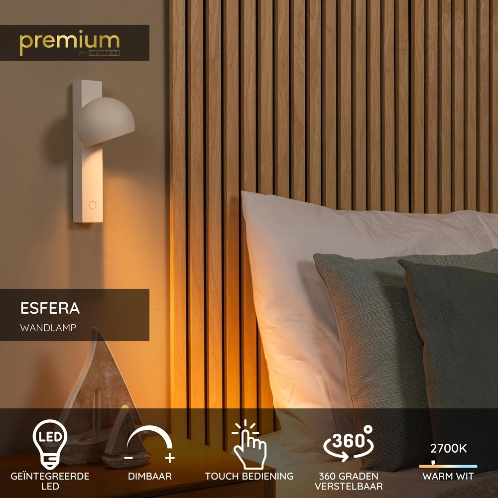 Lampe de lecture de lit Esfera LED - Blanc Premium by Lucide 5411212234469