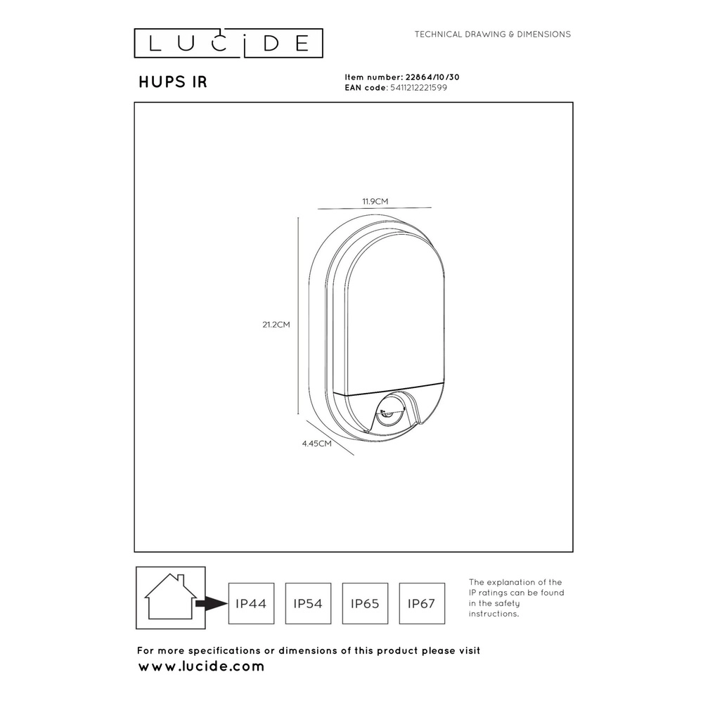 Lampe murale ovale Hups Ir Noir avec capteur Lucide 5411212221599