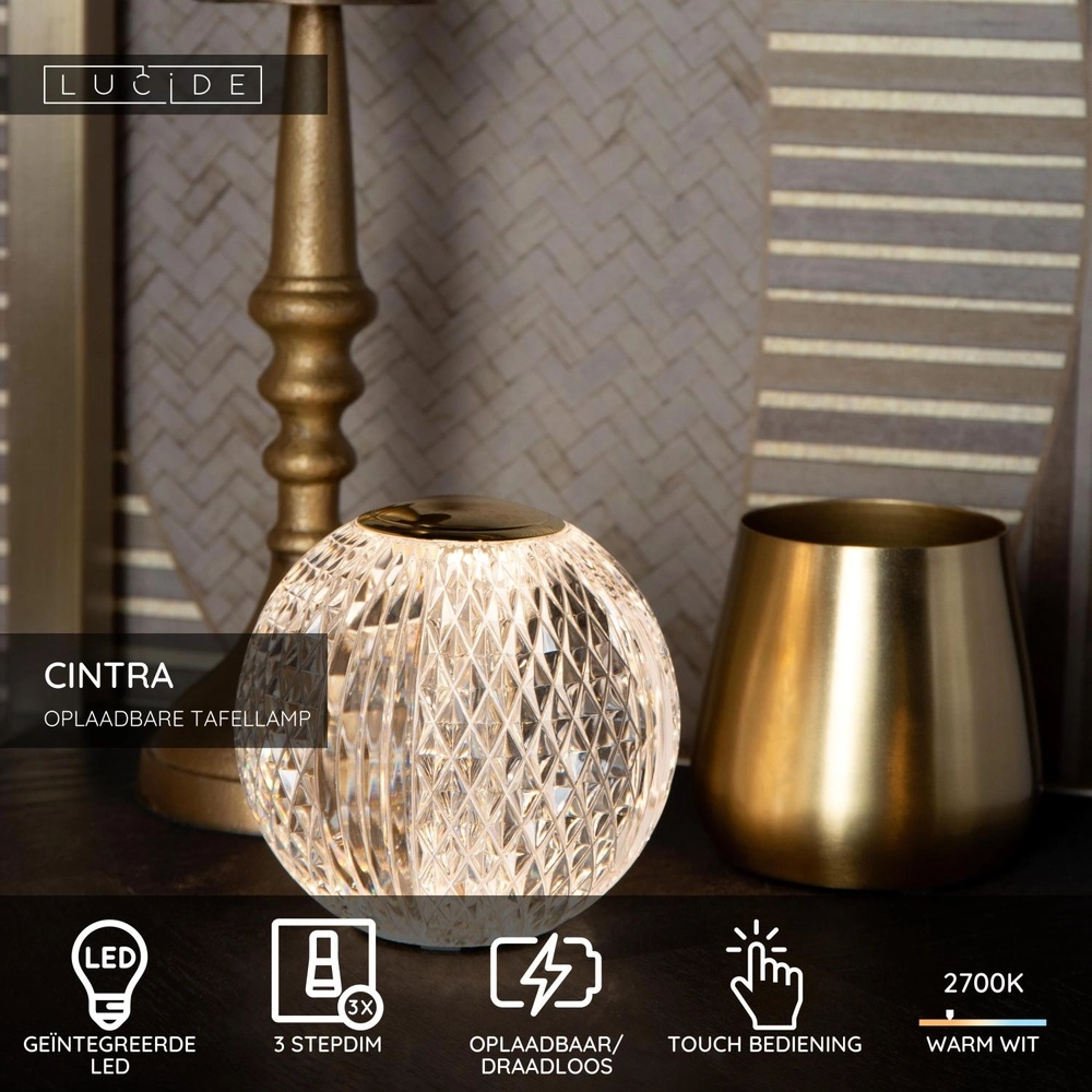 Lampe de table dorée Cintra rechargeable Ø 9cm - 2700K Lucide 5411212134486