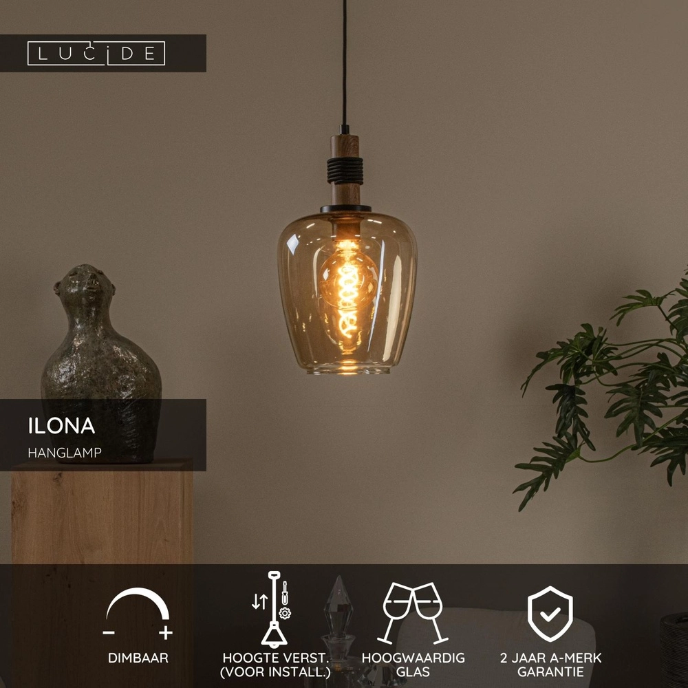 Lampe suspendue Ilona Ø 22cm noir avec verre ambré Lucide 5411212452665