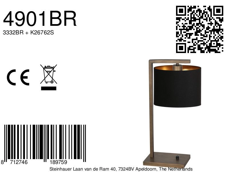 Lampe de table Stang avec capuche noire Steinhauer 8712746189759