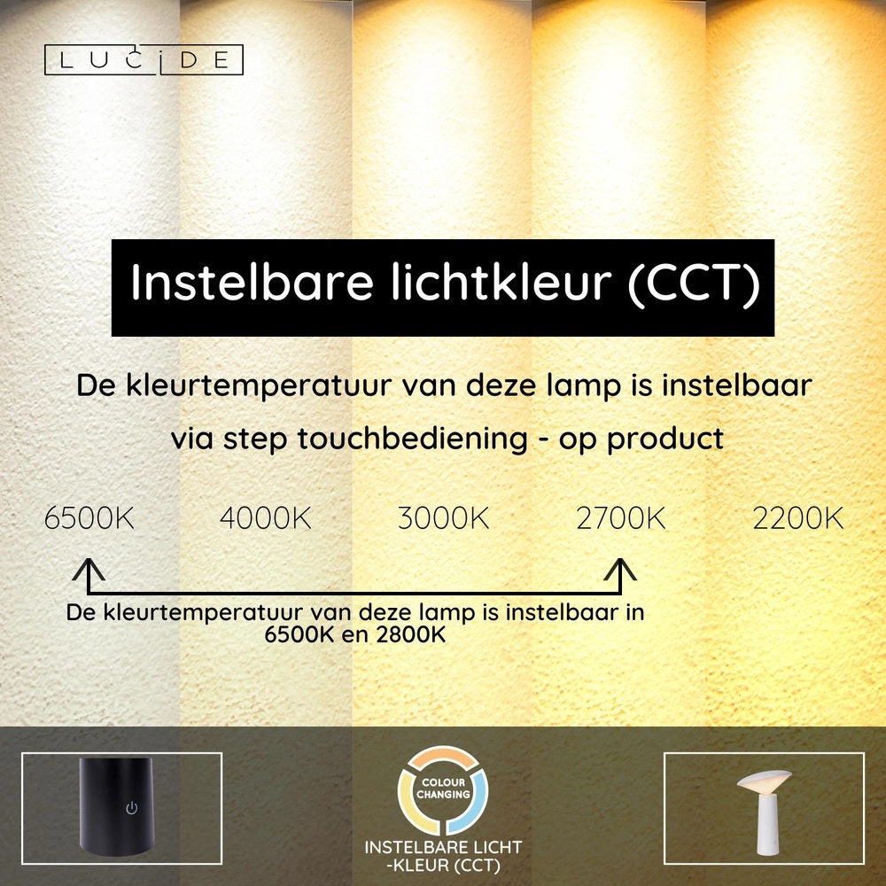 Lampe de table rechargeable Jive Lumière blanche IP44 réglable en couleur Lucide 5411212021977