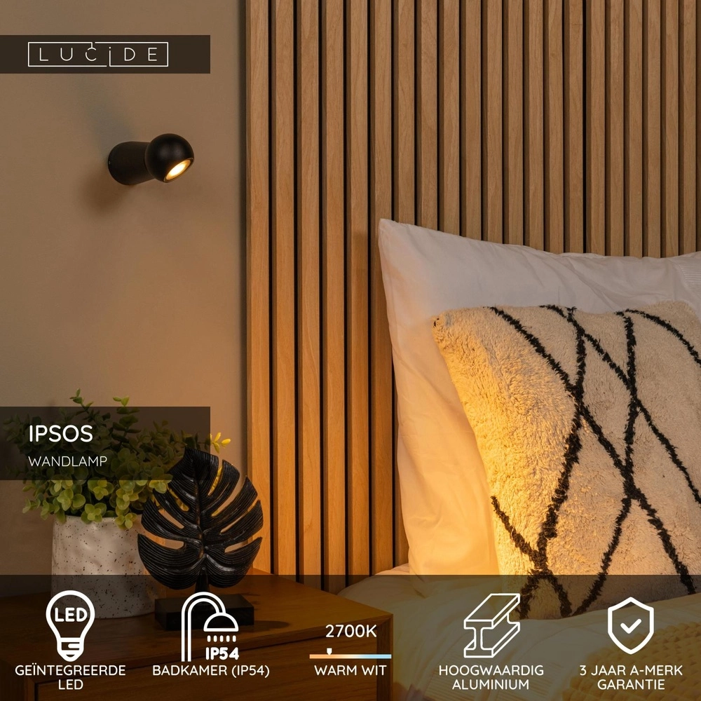 Lampe murale de salle de bain Ipsos IP54 noir Lucide 5411212334008