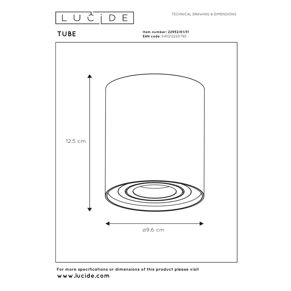 Emplacement de plafond monté en surface Tube blanc Ø 9,6 cm Lucide 5411212220790