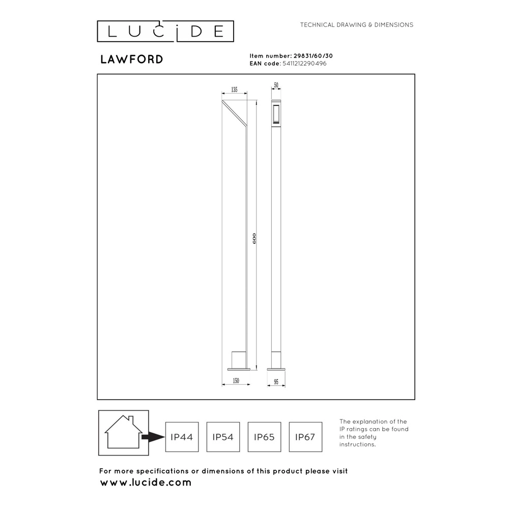 Lampe de jardin conçue Lawford 60 cm noir Lucide 5411212290496