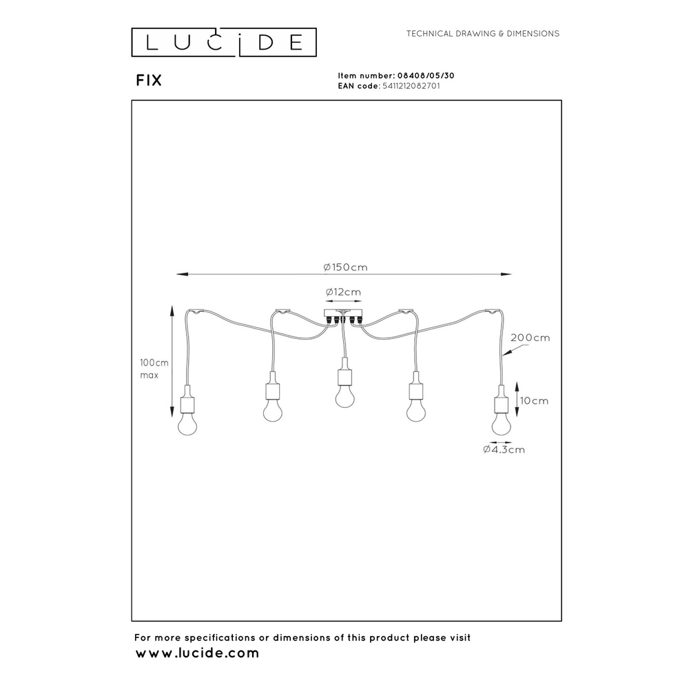 Lampe suspendue à 5 lampes noire Fix Adapté pour un loft Lucide 5411212082701