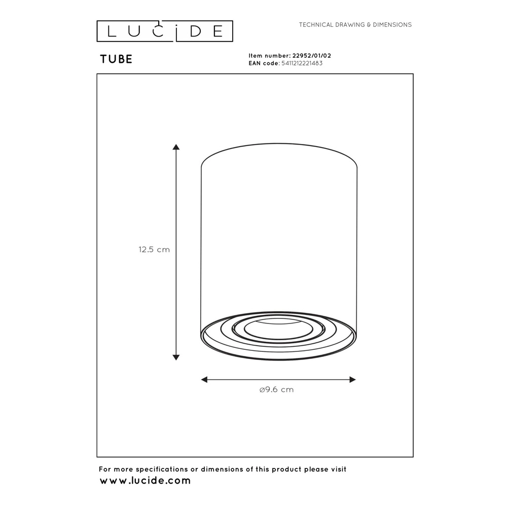 Emplacement de plafond monté en surface Tube or Ø 9,6 cm Lucide 5411212221483