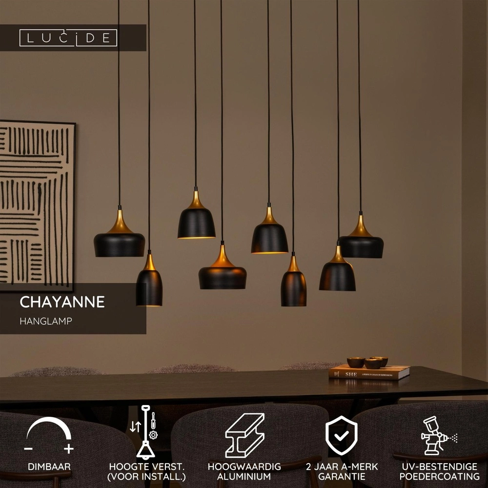 Lampe suspendue à 8 lampes Chayanne Design noir avec or Lucide 5411212051554