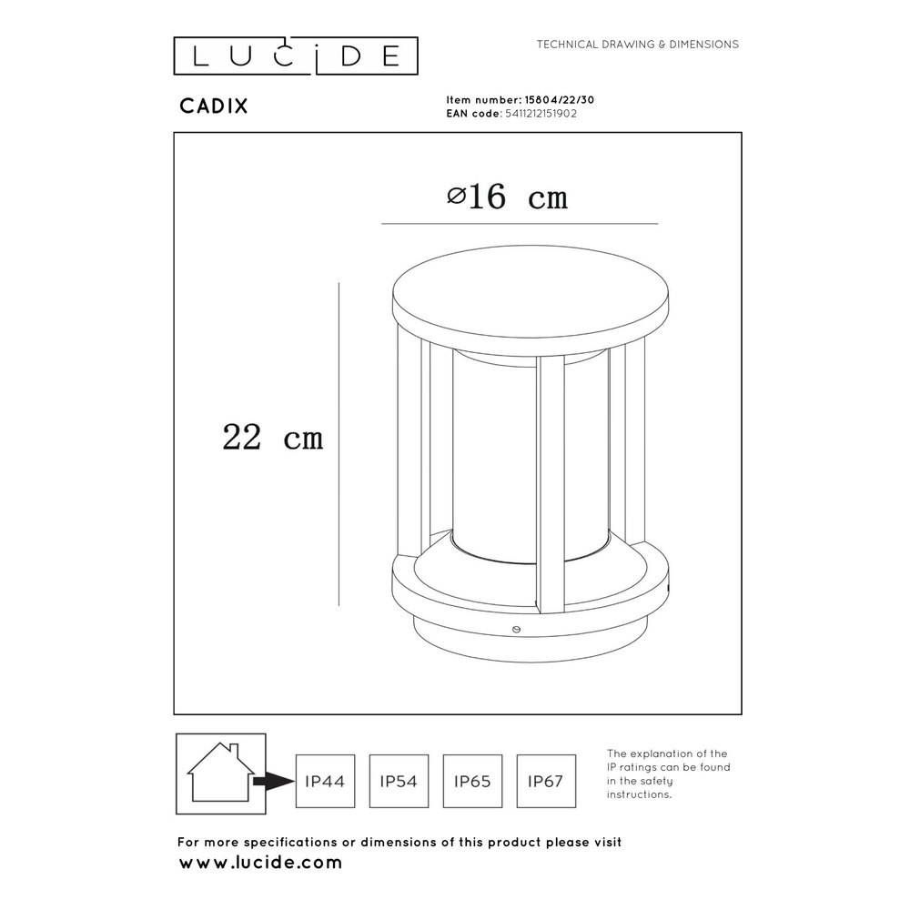 Lampe sur piédestal 22 cm Cadix IP65 noir Lucide 5411212151902
