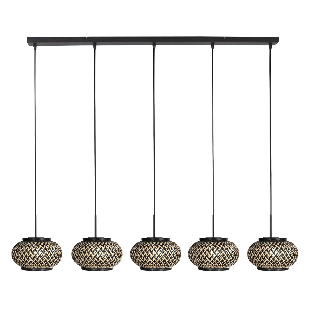 Lampe pendante à 5 lampes droite Nox Light avec des capuchons de bambou