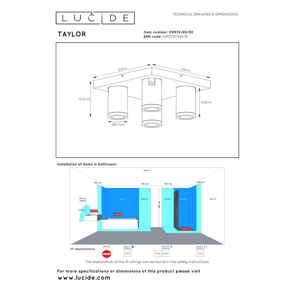 Projecteur de plafond Taylor IP44 noir à 4 lumières Lucide 5411212092670