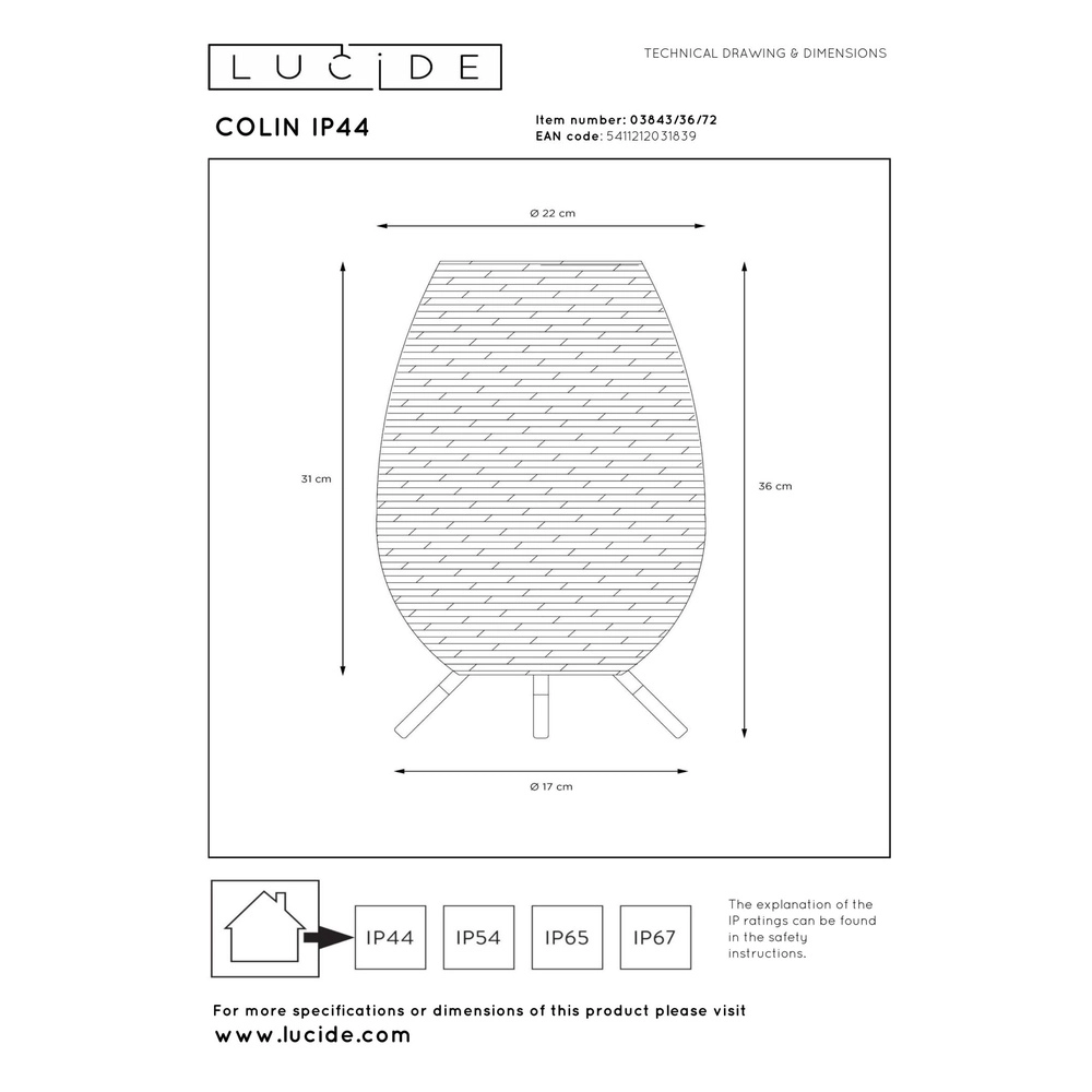 Lampe de table rechargeable Colin Ip44 Rotin Lucide 5411212031839