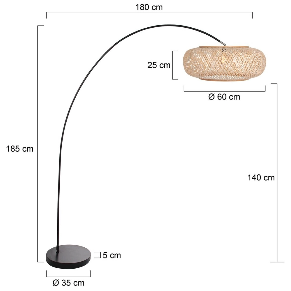 Lampe à arc solva noir avec abat-jour en rotin Ø 60cm Steinhauer 8712746182590