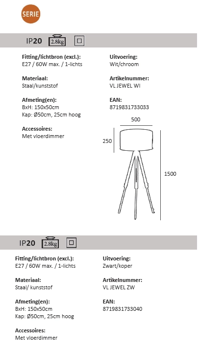 Lampadaire tripode Jewel 150cm blanc avec gris Artdelight 8719831733033