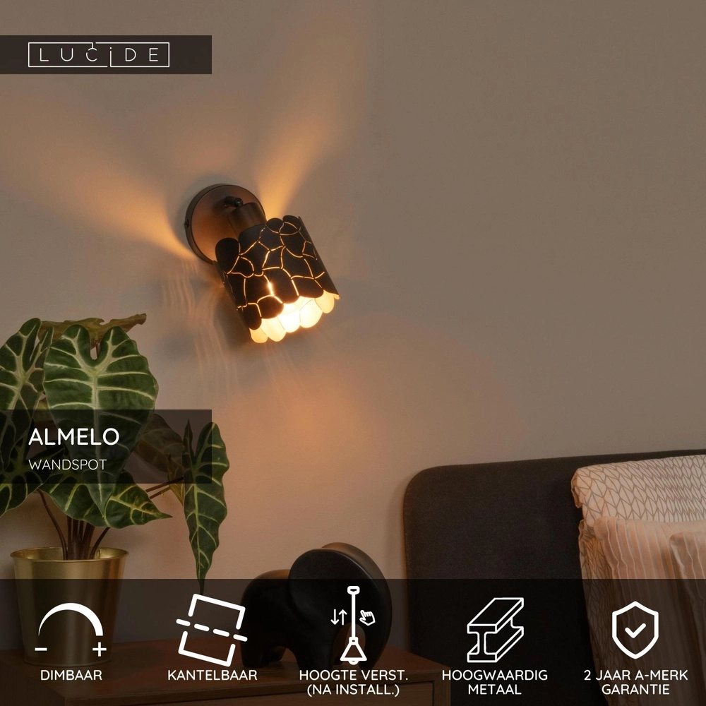 Lampe murale Almelo Noir avec or à l’intérieur Lucide 5411212211866