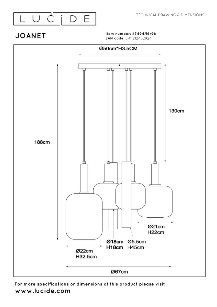 Lampe suspendue à 4 lumières Joanet Ø 65 cm d’or avec verre fumé Lucide 5411212452924