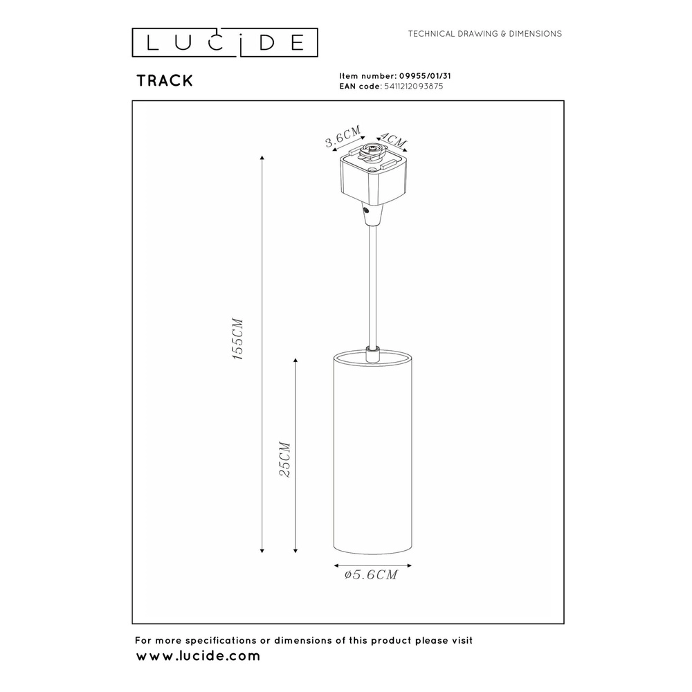 Suspension lumineuse à rail Track Floris Blanc monophasé Lucide 5411212093875