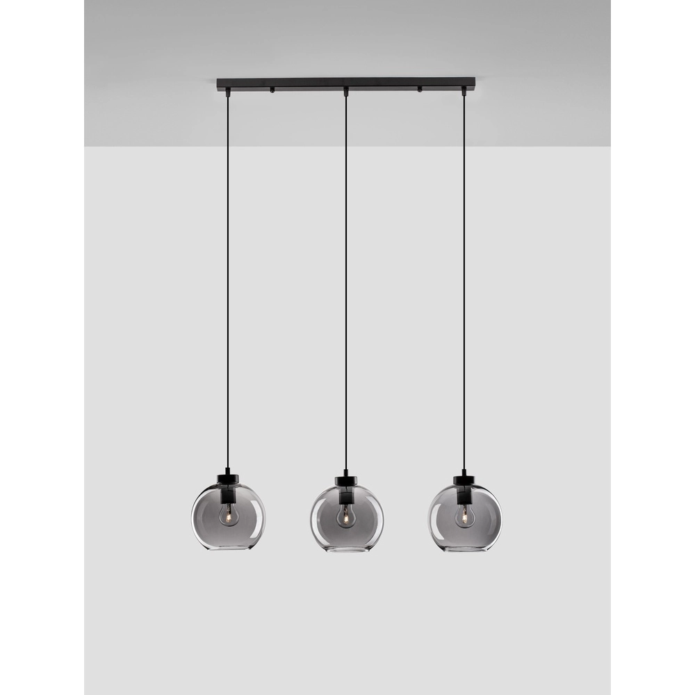 Suspension Palmer 3 lumières droites noires avec verre fumé