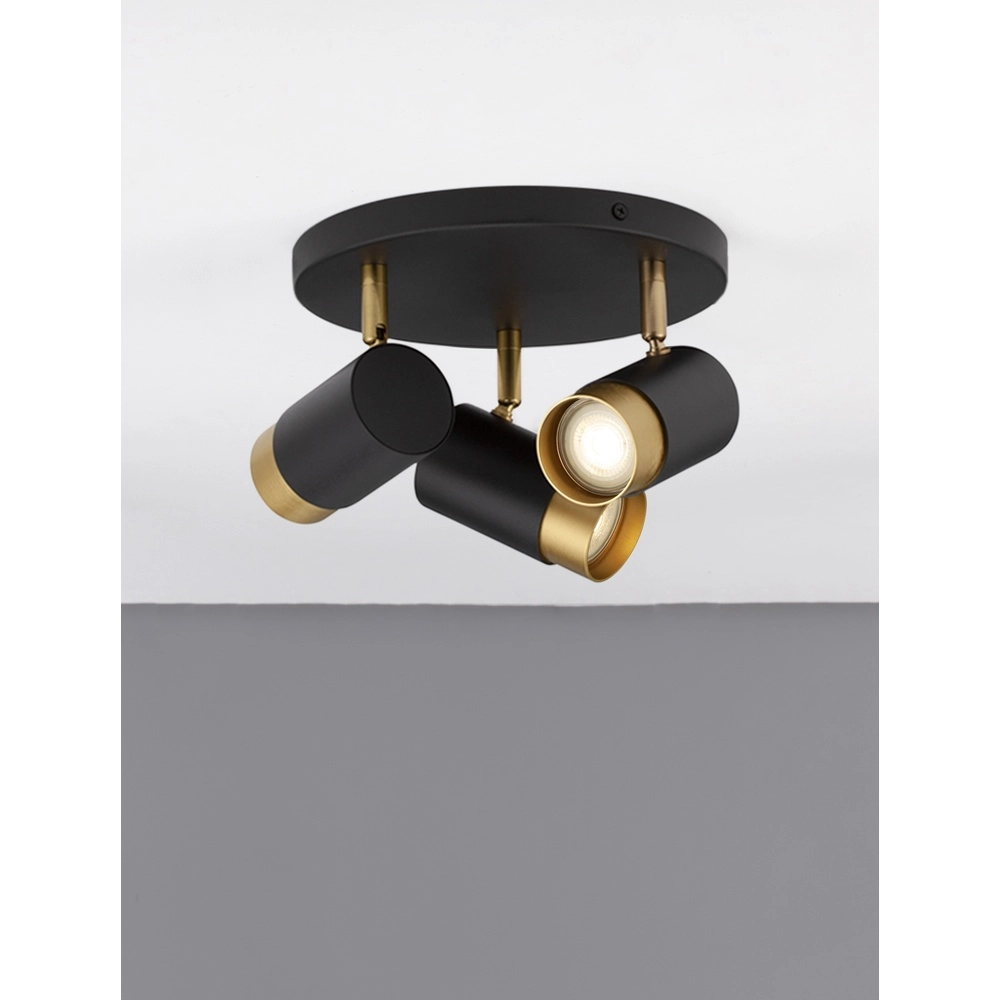 Spot de plafond Pogno 3 lumières noir avec rond doré Spot de plafond Pogno 3 lumières noir avec rond doré