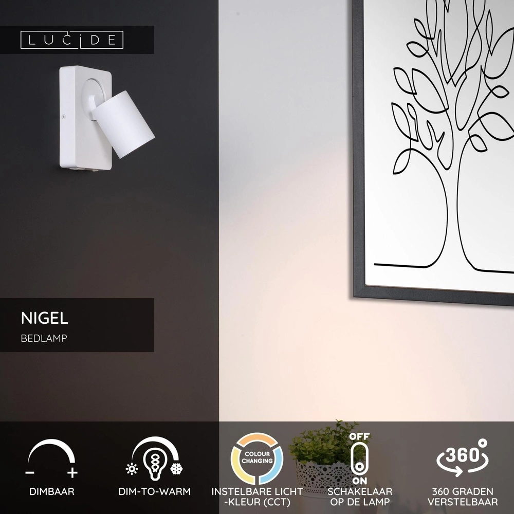 Lampe de chevet Nigel avec point de charge USB blanc Lucide 5411212092748