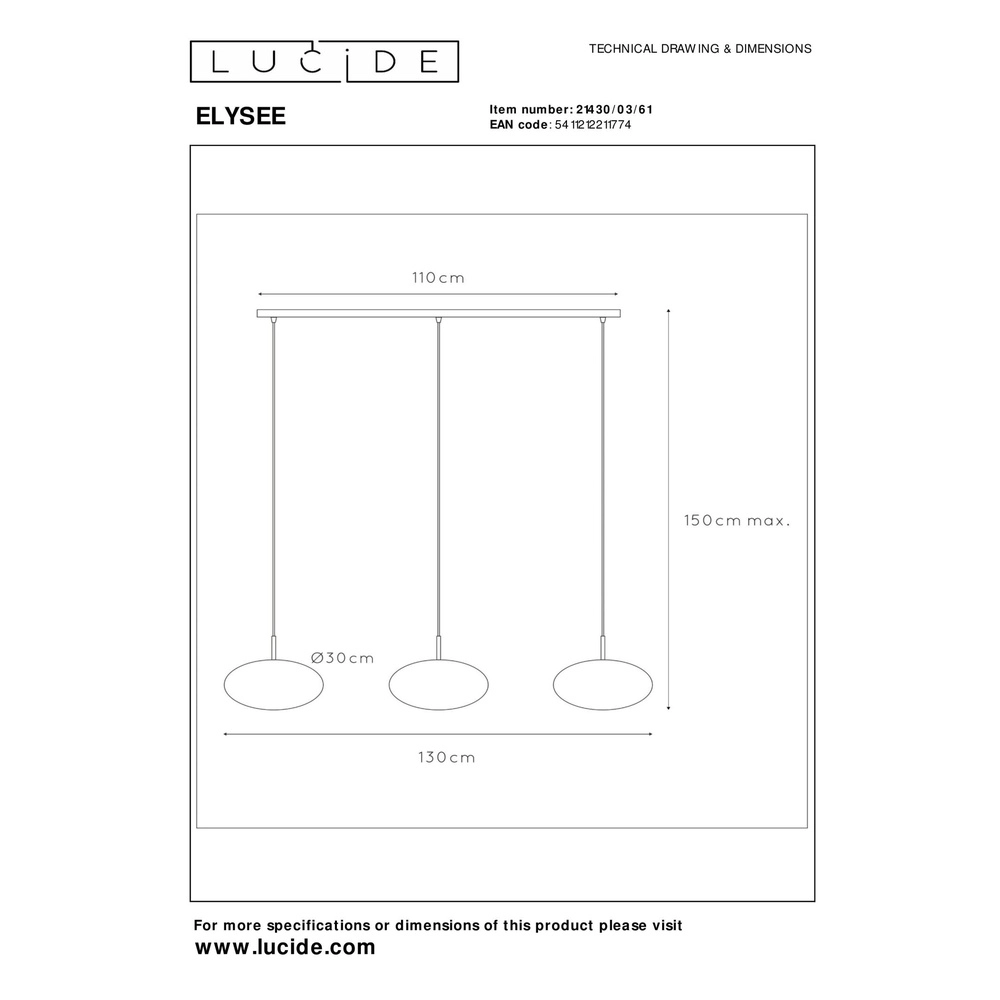 Lampe pendante à 3 lampes Elysee Design noir avec opale Lucide 5411212211774