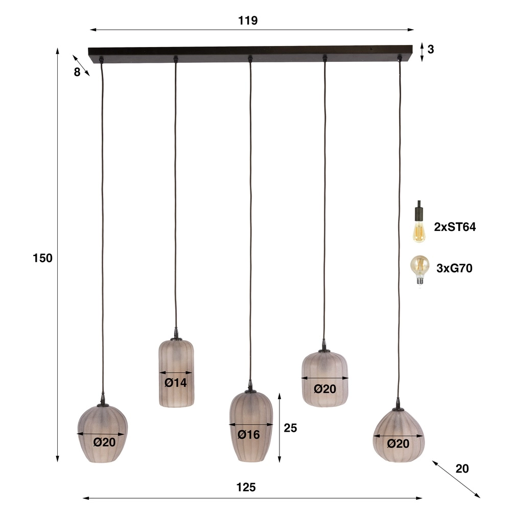 Lampe suspendue à 5 lumières Altura Sienne brun avec verre dépoli Lyora 8716803514867