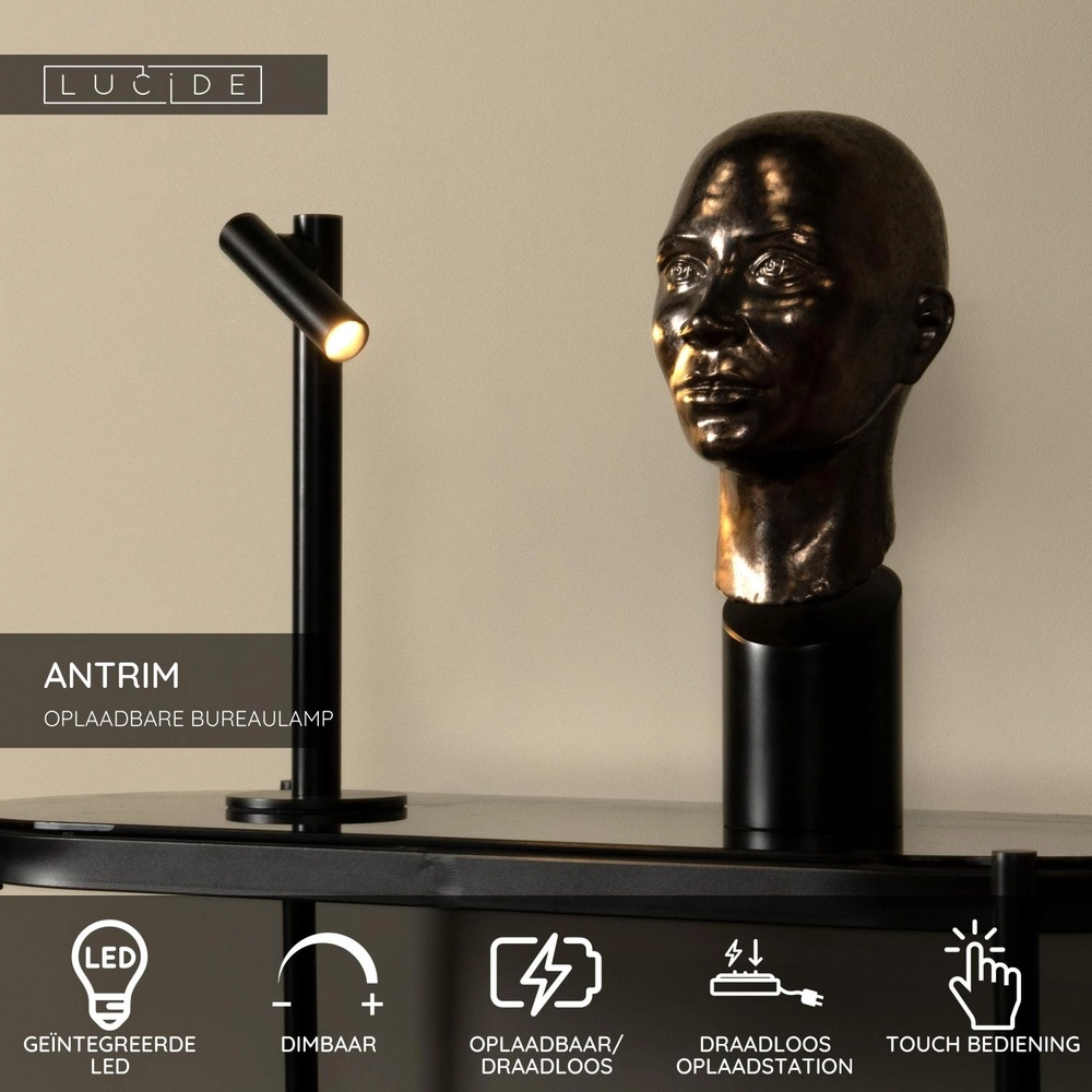 Lampe de table rechargeable Antrim IP54 noir Lucide 5411212272201