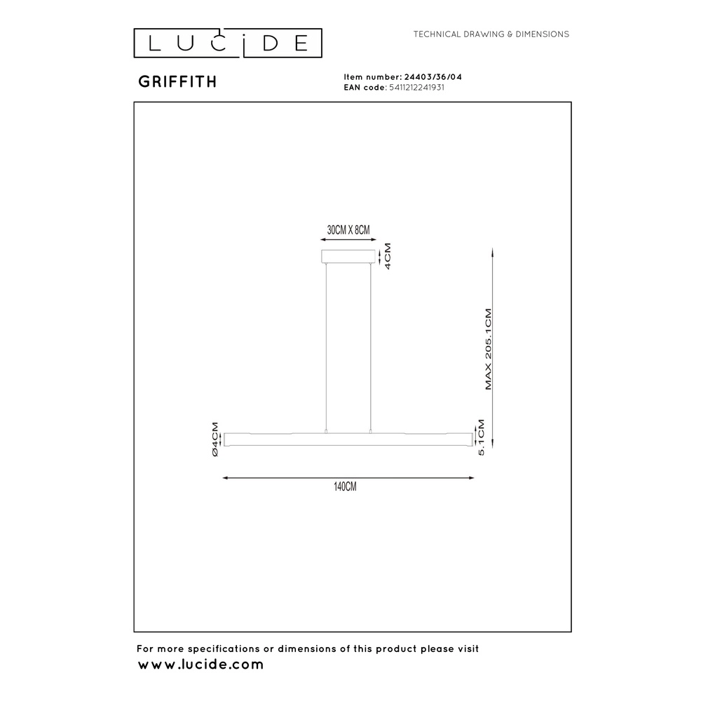 Lampe suspendue élégante Griffith bronze 140 cm Premium by Lucide 5411212241931