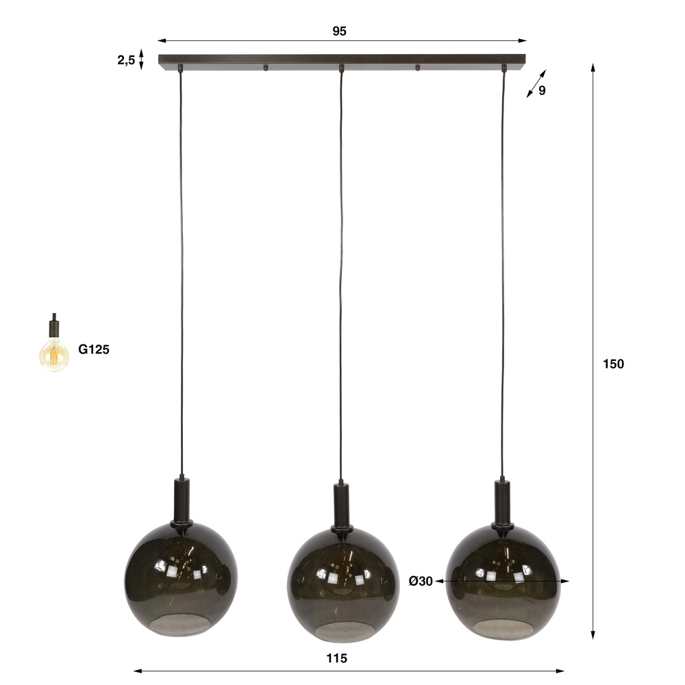 Lampe suspendue en verre Sfera 3x Ø 30cm - verre fumé Lyora 8716803512368