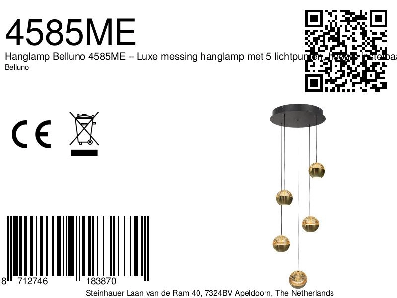 Lampe suspendue vide à 5 lumières Belluno LED - laiton or avec verre Steinhauer 8712746183870