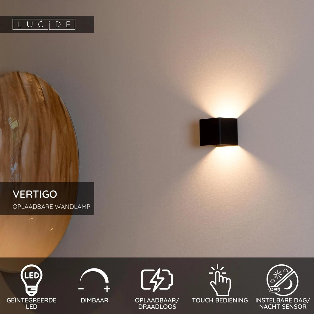 Lampe murale rechargeable Vertigo Noir magnétique Lucide 5411212272386