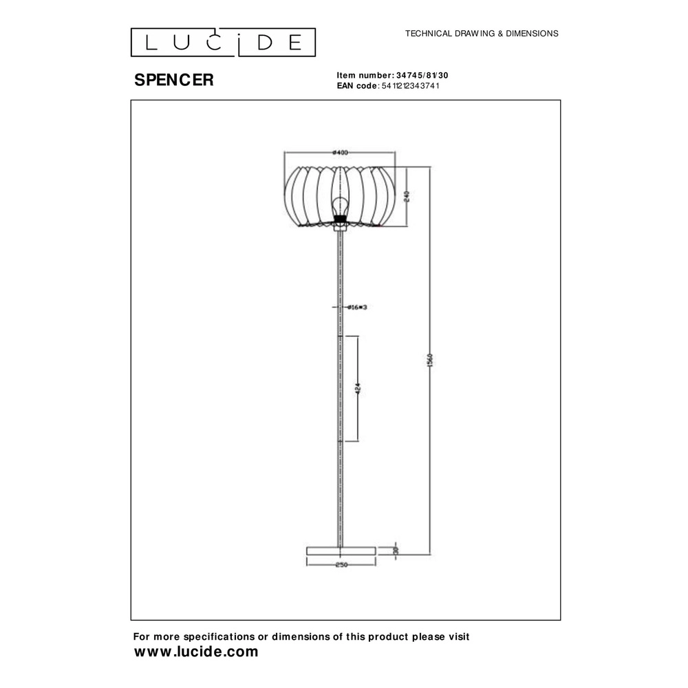 Lampe de pied Spencer Noir Lucide 5411212343741