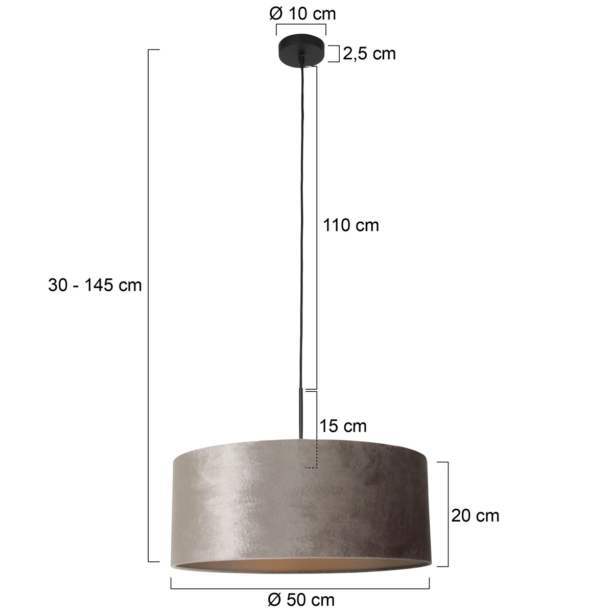 Lampe suspendue Sparkled 50 cm noir avec abat-jour en velours taupe Steinhauer 8712746146271